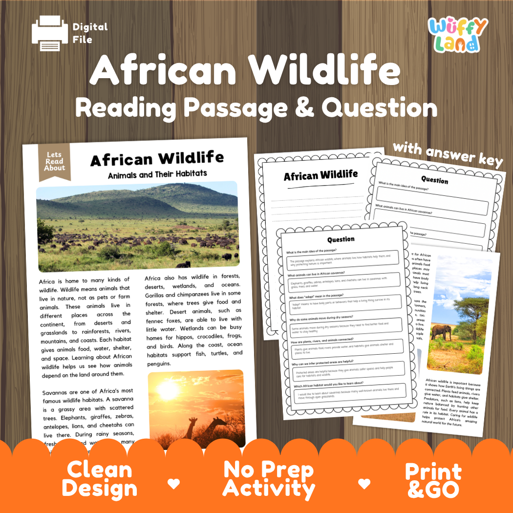 African wildlife reading comprehension passage and questions printable activity pack with answer key for elementary students