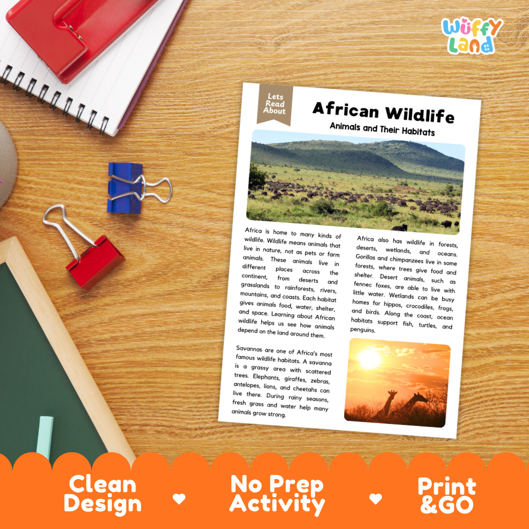 Student reading comprehension worksheet with short-answer questions and lined sections about African wildlife and habitats