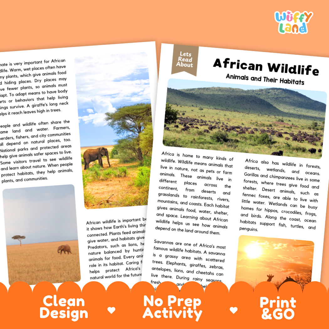 Teacher answer key page showing complete question solutions for African wildlife reading comprehension practice