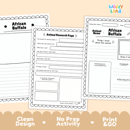 Three printable worksheet pages about African buffalo displayed on a warm beige background with decorative text reading 'Clean Design', 'No Prep Activity', and 'Print & GO'. The pages are white with black printed text and borders, and the brand name 'Wuffy Land' appears in the top right.