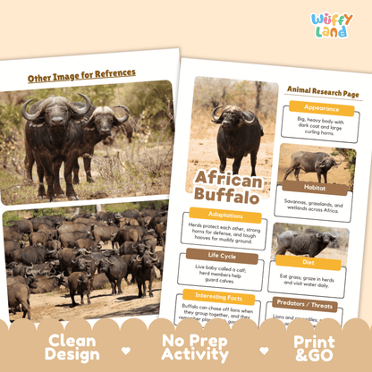 Two printed activity worksheet pages about African buffaloes shown on a beige background with decorative text along the bottom. The pages contain photos of buffalo, labeled fact boxes, and sections for appearance, habitat, adaptations, life cycle, diet, predators, and interesting facts.