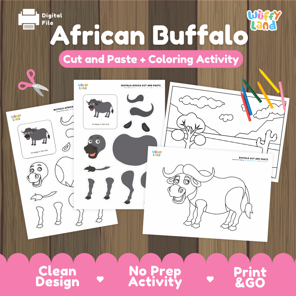 African Buffalo Cut and Paste Craft and Coloring Pages Activity Worksheets