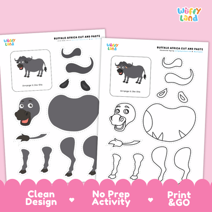 African Buffalo Cut and Paste Craft and Coloring Pages Activity Worksheets