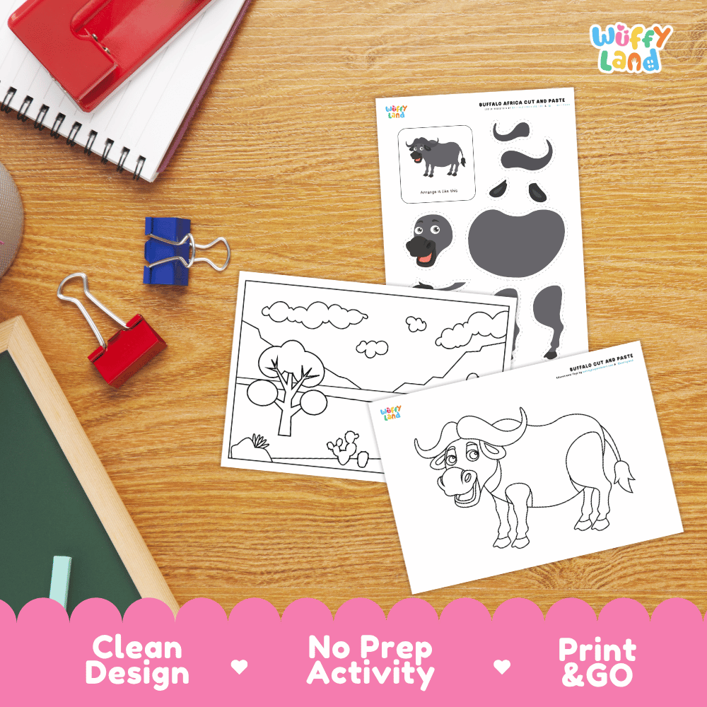 African Buffalo Cut and Paste Craft and Coloring Pages Activity Worksheets