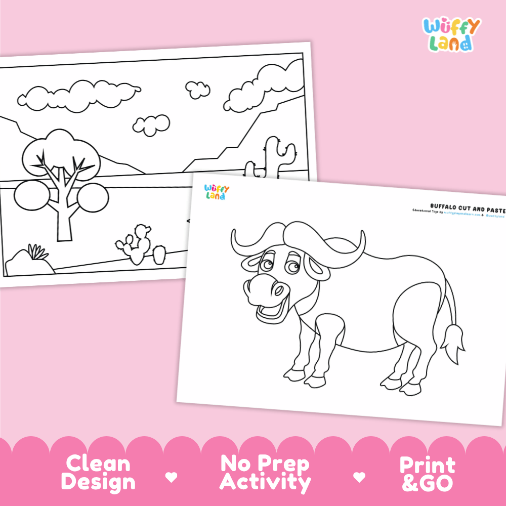 African Buffalo Cut and Paste Craft and Coloring Pages Activity Worksheets