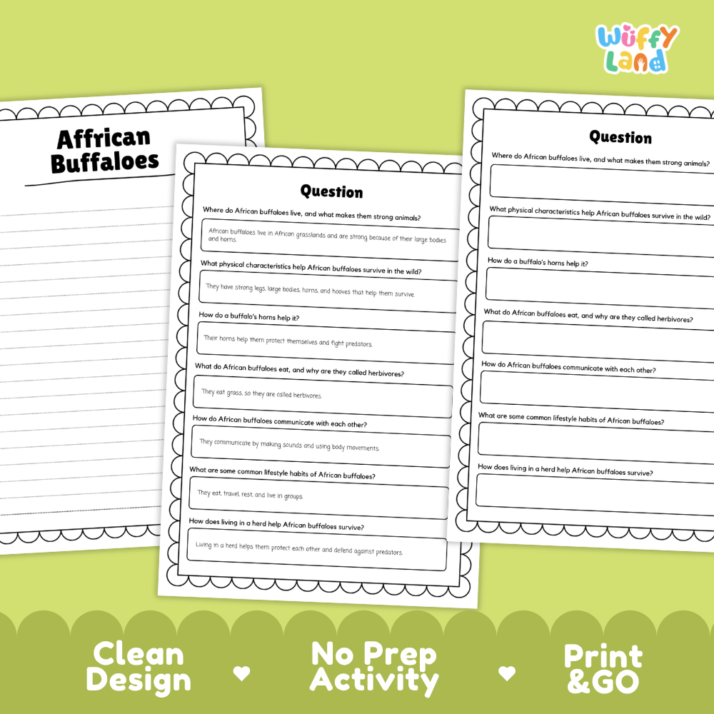 Three printable worksheet pages about African buffaloes arranged on a light green background with the text 'Clean Design', 'No Prep Activity', and 'Print & GO'. The top right shows the brand name 'Wiffly Land'.