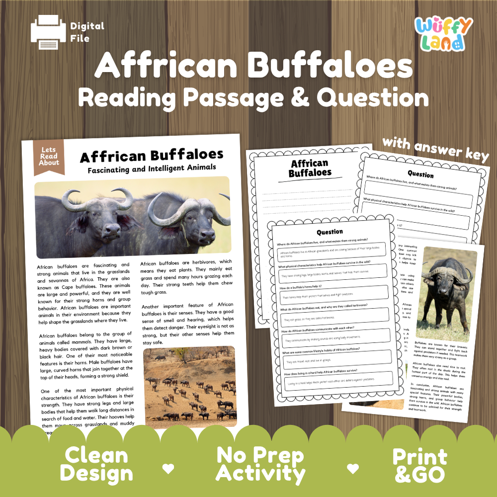 Digital educational activity sheet set titled 'African Buffaloes Reading Passage & Question' on a wood-grain background. The design shows a printed passage with an elephant photo, worksheet pages with text and question areas, and promotional text including 'with answer key,' 'Clean Design,' 'No Prep Activity,' and 'Print & GO.