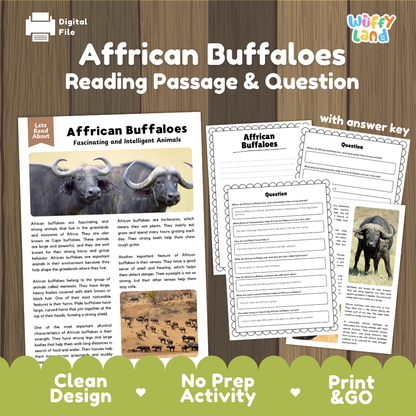 Digital educational activity sheet set titled 'African Buffaloes Reading Passage & Question' on a wood-grain background. The design shows a printed passage with an elephant photo, worksheet pages with text and question areas, and promotional text including 'with answer key,' 'Clean Design,' 'No Prep Activity,' and 'Print & GO.