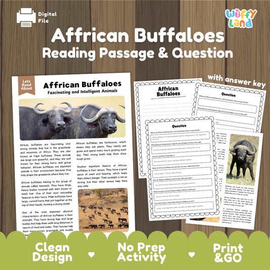 Digital educational activity sheet set titled 'African Buffaloes Reading Passage & Question' on a wood-grain background. The design shows a printed passage with an elephant photo, worksheet pages with text and question areas, and promotional text including 'with answer key,' 'Clean Design,' 'No Prep Activity,' and 'Print & GO.