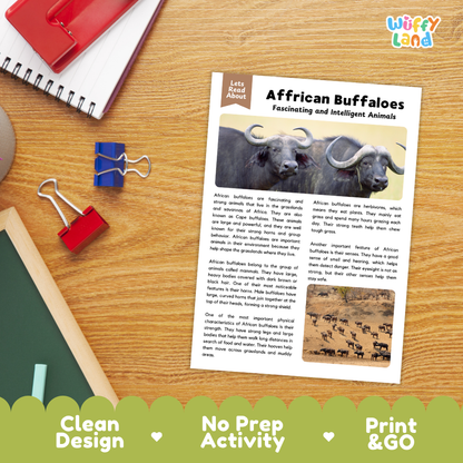 An educational activity sheet titled 'African Buffaloes Fascinating and Intelligent Animals' displayed on a wooden desk with a spiral notebook, binder clips, and a red notebook. The sheet features text, a photo of a water buffalo, and a black-and-white historical print.
