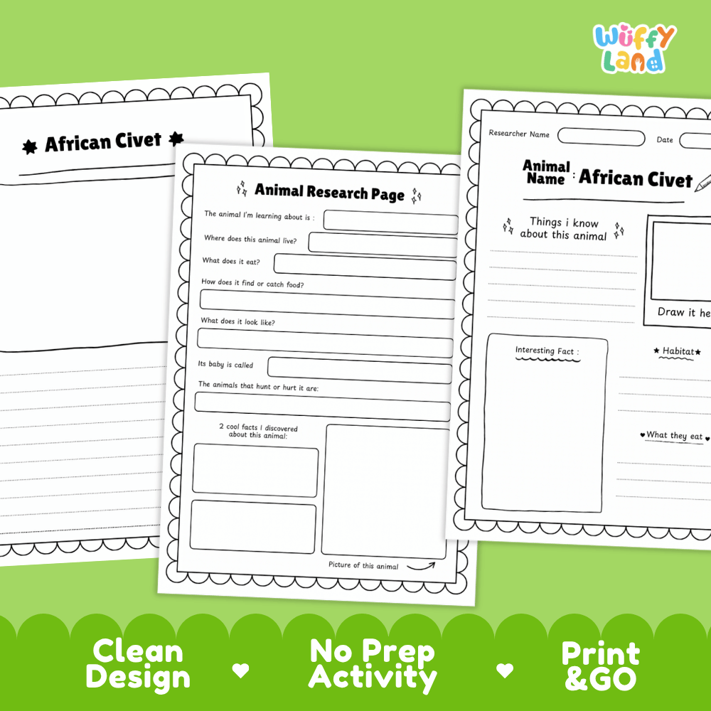 African Civet Animal Research Page and Worksheets