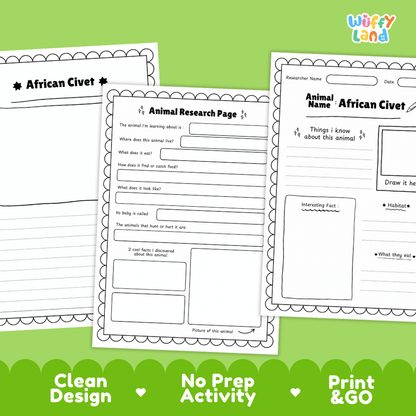 African Civet Animal Research Page and Worksheets