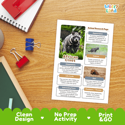 African Civet Animal Research Page and Worksheets