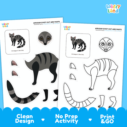 African Civet Cut and Paste Coloring Activity Worksheets