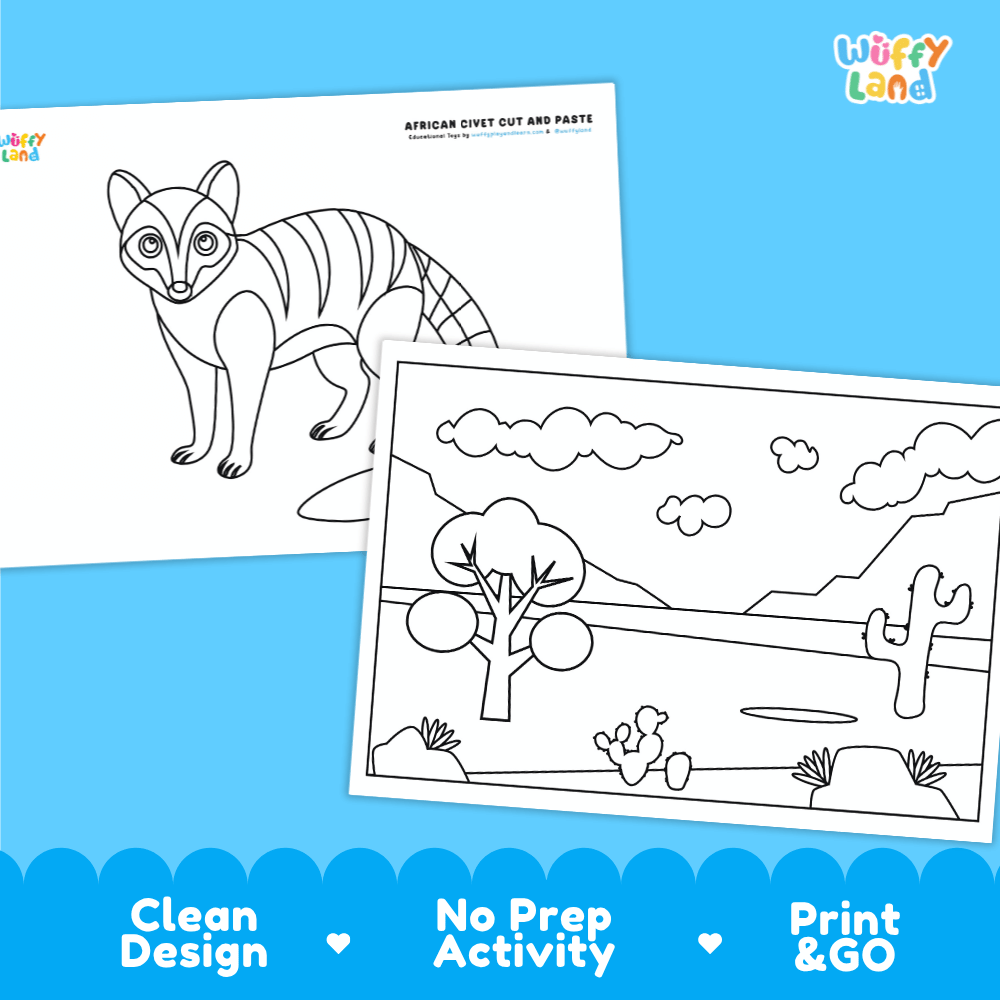 African Civet Cut and Paste Coloring Activity Worksheets