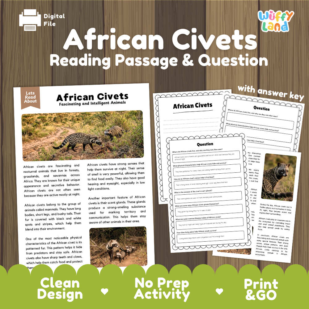 Digital reading activity sheet set titled 'African Civets Reading Passage & Question' on a wood background, showing the passage page, worksheet pages, and a green banner with promotional text.