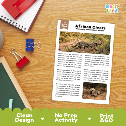An educational activity sheet titled 'African Civets' laid out on a wooden desk next to a red notebook, blue binder clips, and a red folder. The sheet features text, a main animal photo, and a smaller inset photo, with a green banner at the bottom reading 'Clean Design', 'No Prep Activity', and 'Print & GO'.