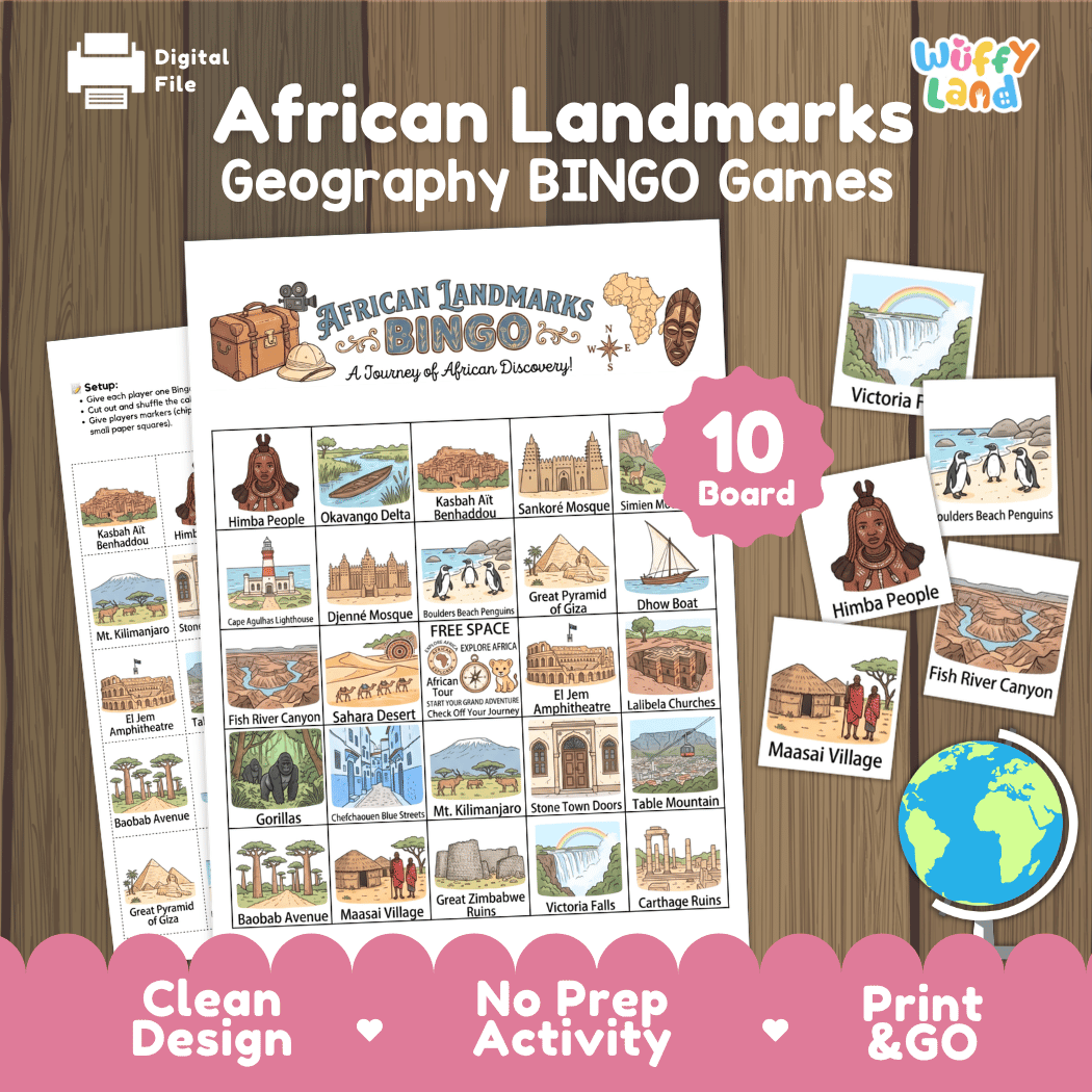 African Landmarks Geography BINGO Games Printable Elementary Activity Cards