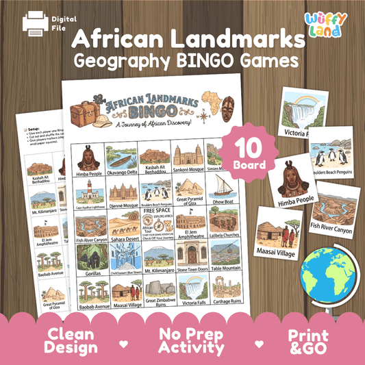 African Landmarks Geography BINGO Games Printable Elementary Activity Cards