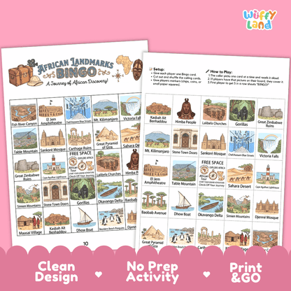 African Landmarks Geography BINGO Games Printable Elementary Activity Cards