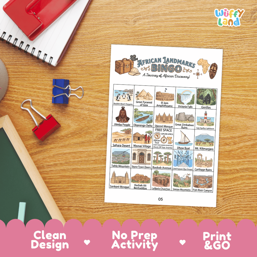 African Landmarks Geography BINGO Games Printable Elementary Activity Cards