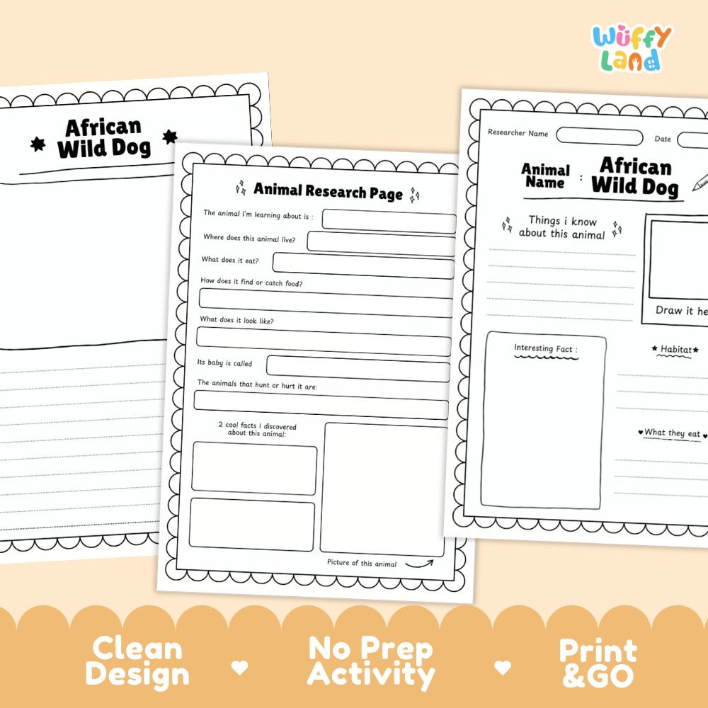 Three printable worksheet pages for an African Wild Dog animal research activity, shown on a peach background with promotional text at the bottom. The pages are black-and-white activity sheets with writing fields, labels, and a drawing box.