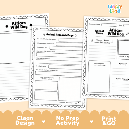 Three printable worksheet pages for an African Wild Dog animal research activity, shown on a peach background with promotional text at the bottom. The pages are black-and-white activity sheets with writing fields, labels, and a drawing box.