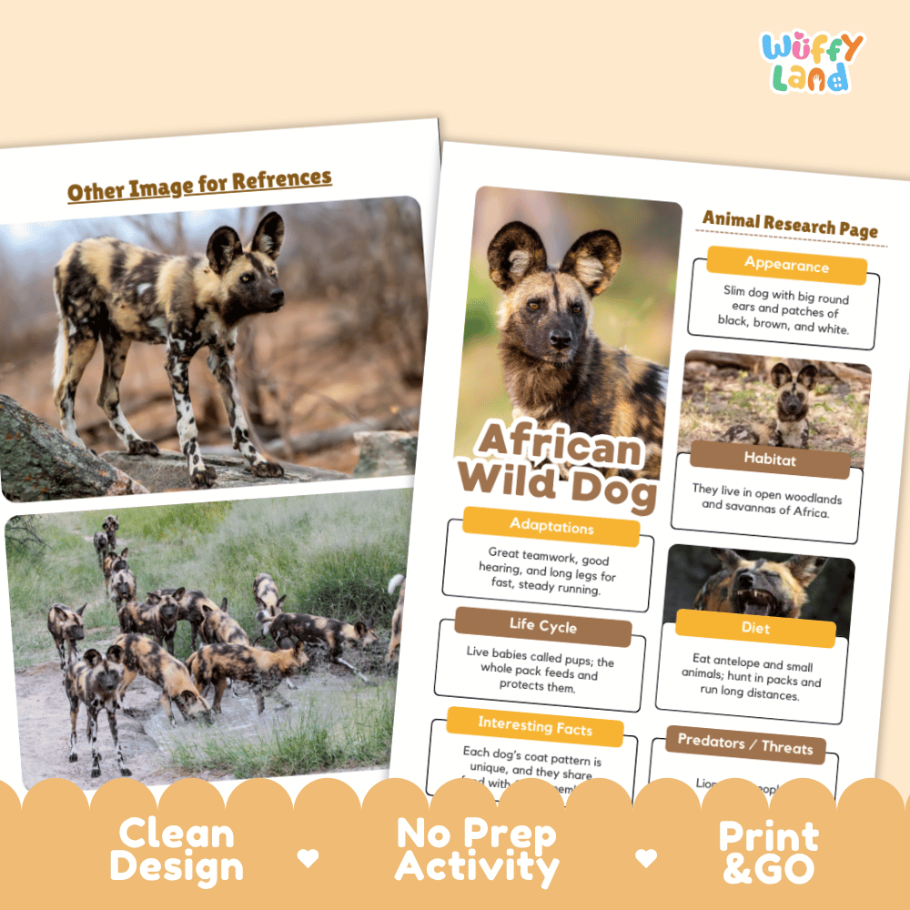 Educational poster activity sheets about the African wild dog, shown as a clean digital preview with animal photos, labeled sections for appearance, habitat, adaptations, life cycle, diet, and predators, plus marketing text reading 'Clean Design,' 'No Prep Activity,' and 'Print & GO.'.