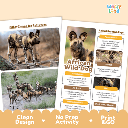 Educational poster activity sheets about the African wild dog, shown as a clean digital preview with animal photos, labeled sections for appearance, habitat, adaptations, life cycle, diet, and predators, plus marketing text reading 'Clean Design,' 'No Prep Activity,' and 'Print & GO.'.