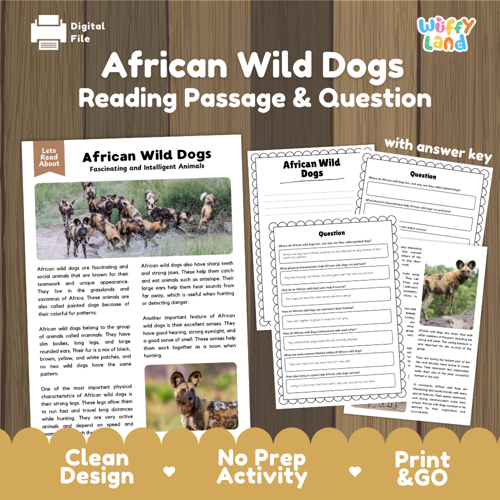 African Wild Dogs Reading Passage and Comprehension Questions with Answer Key Worksheets