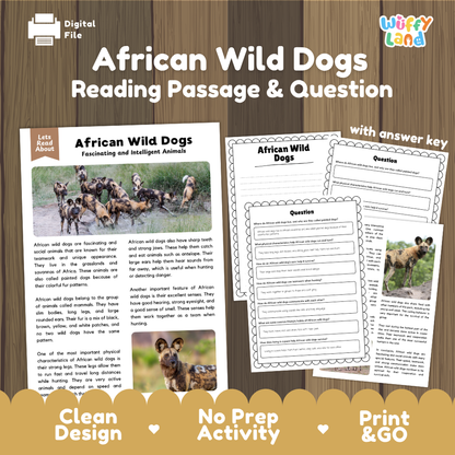 African Wild Dogs Reading Passage and Comprehension Questions with Answer Key Worksheets