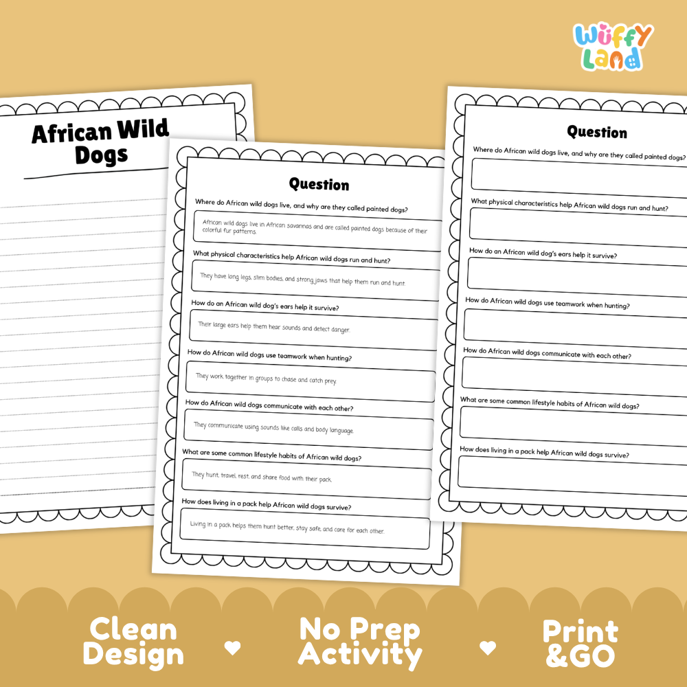 African Wild Dogs Reading Passage and Comprehension Questions with Answer Key Worksheets