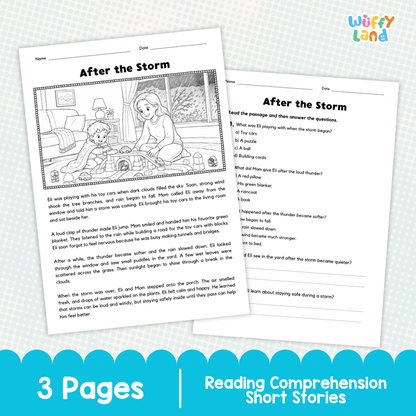Two printable reading comprehension short story pages titled 'After the Storm' shown on a white background with a blue banner at the bottom reading '3 Pages | Reading Comprehension Short Stories.' The pages include a word bank and short text with illustrated storm clouds and a house.