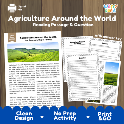 Agriculture Around the World reading comprehension passage and questions printable activity pack with answer key for elementary students