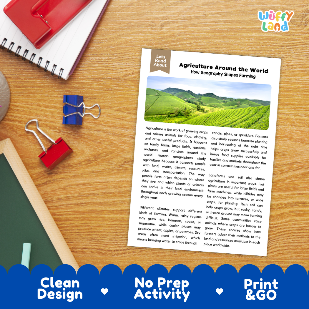 Student reading comprehension worksheet with short-answer questions and lined sections about agriculture around the world