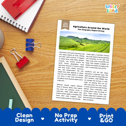Student reading comprehension worksheet with short-answer questions and lined sections about agriculture around the world