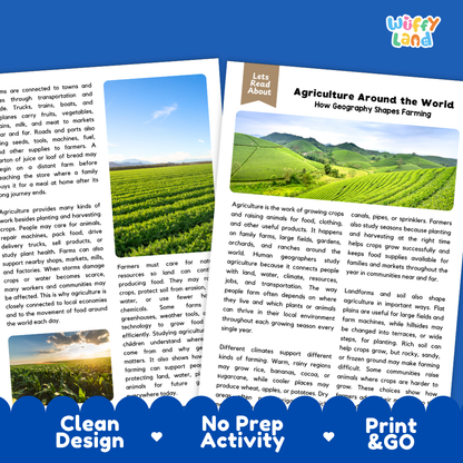 Teacher answer key page showing complete question solutions for Agriculture Around the World human geography and science reading comprehension practice