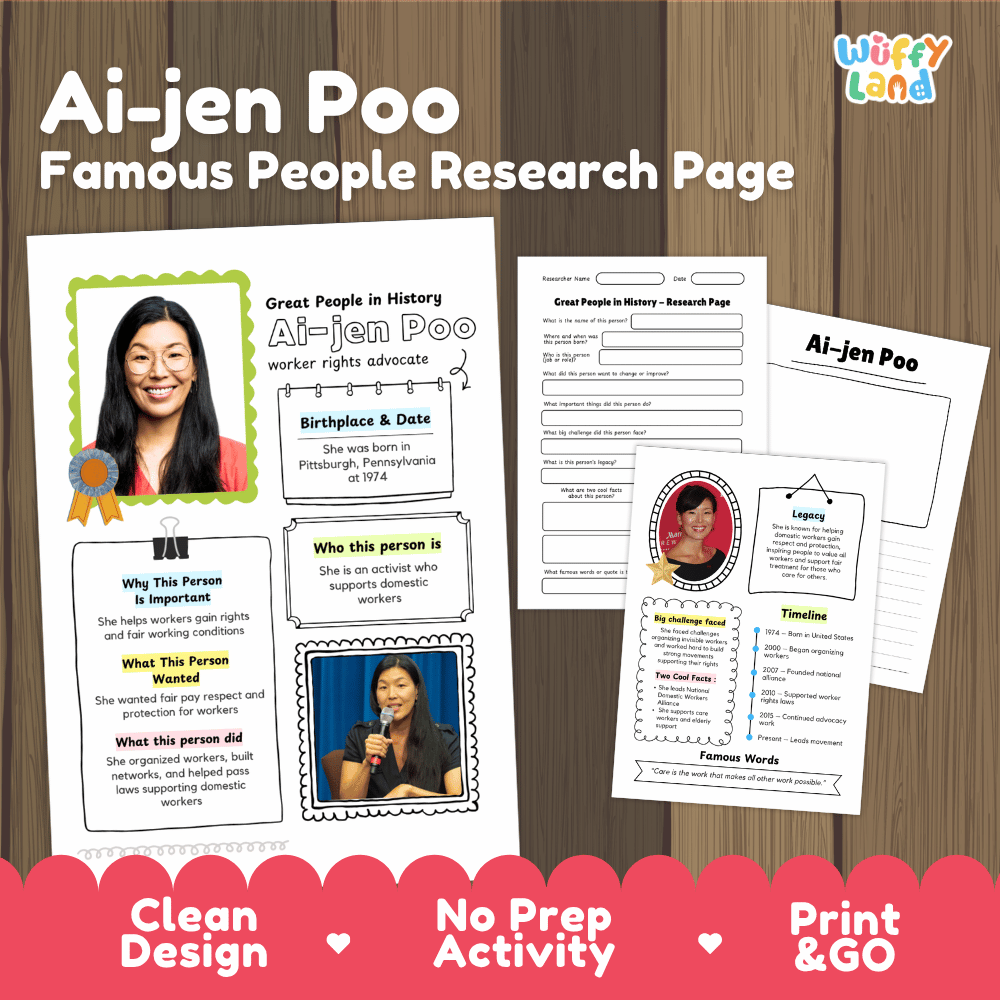 Ai-jen Poo biography research worksheets pack featuring graphic organizers, timeline activity, and student writing template