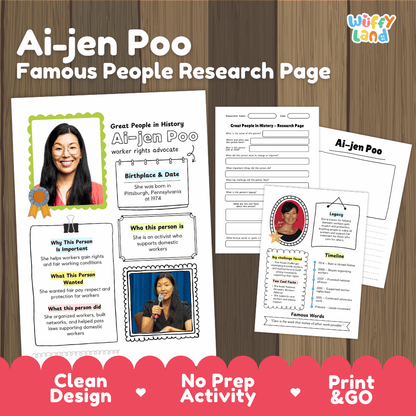 Ai-jen Poo biography research worksheets pack featuring graphic organizers, timeline activity, and student writing template