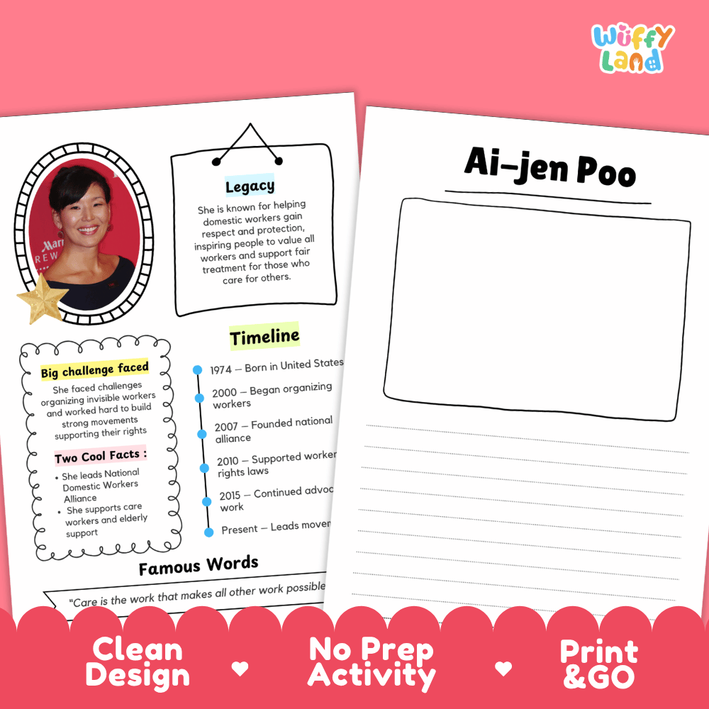 Educational biography summary worksheet featuring a chronological timeline, famous quote, and lined student writing page