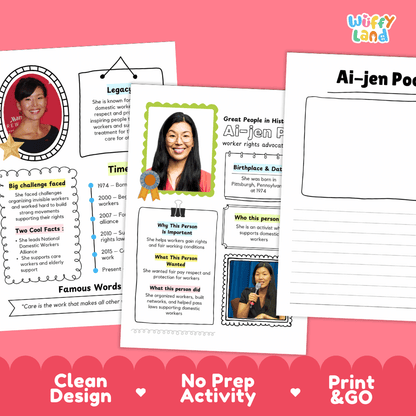 Great People in History student fact profile card detailing Ai-jen Poo's birthplace, worker advocacy, and achievements
