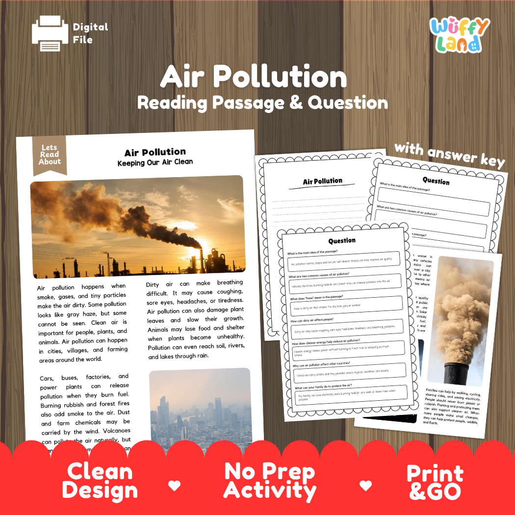 Air Pollution reading comprehension passage and questions printable activity pack with answer key for elementary students