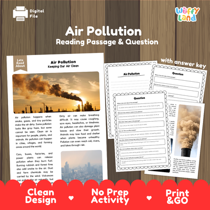 Air Pollution reading comprehension passage and questions printable activity pack with answer key for elementary students