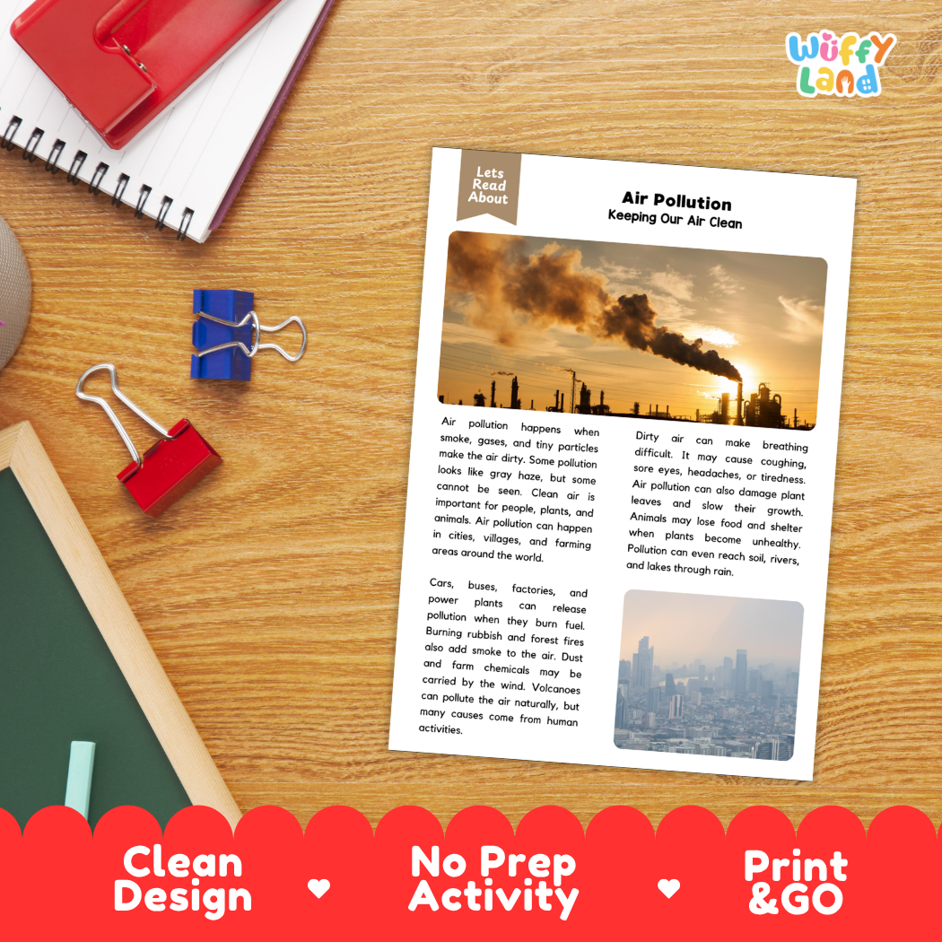 Student reading comprehension worksheet with short-answer questions and lined sections about air pollution