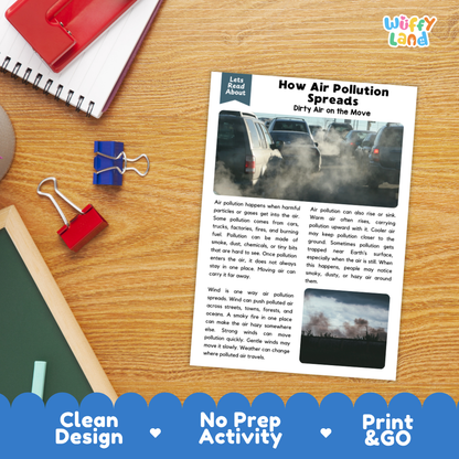 Printable student worksheet with short-answer reading comprehension questions covering air pollution and ecology