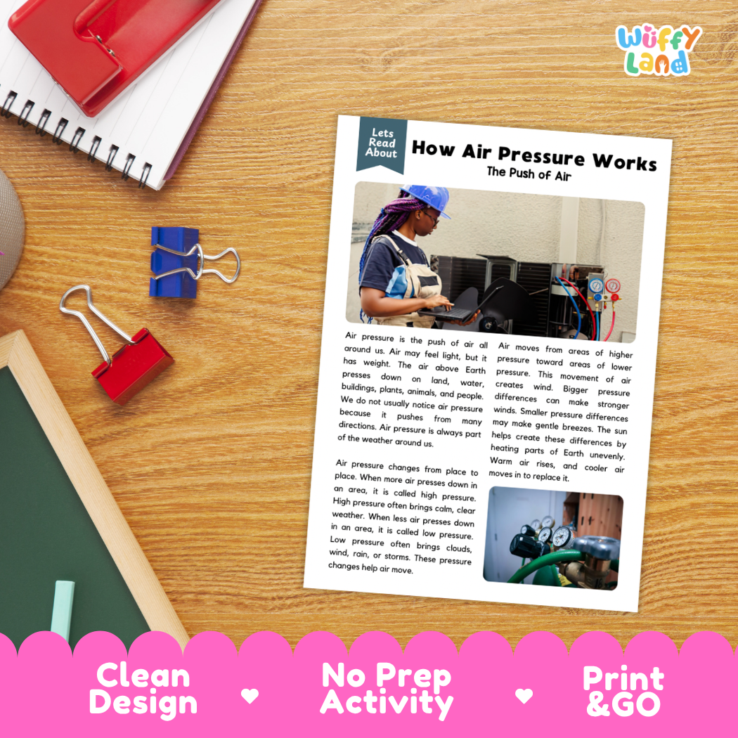 Printable student worksheet with short-answer reading comprehension questions covering air pressure and meteorology