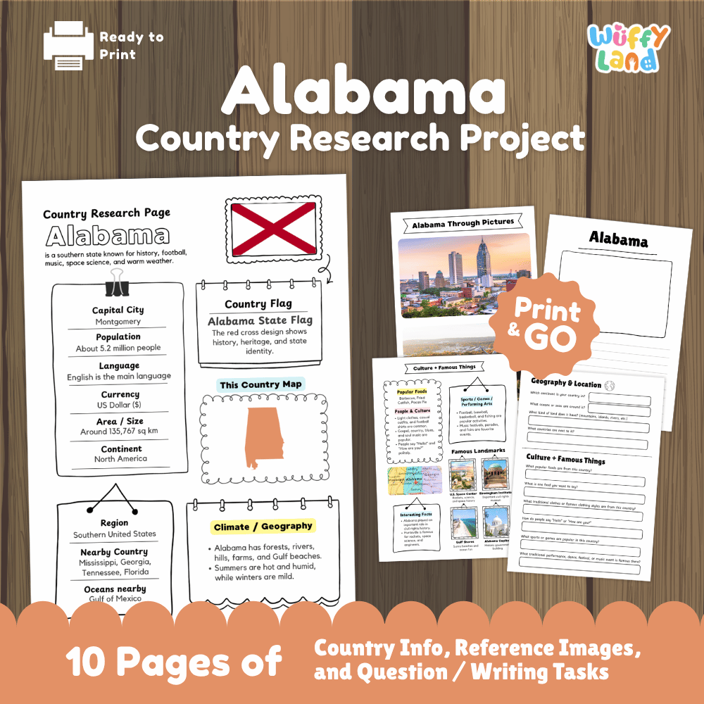 Alabama Country Research Project Worksheets and Activity Pages