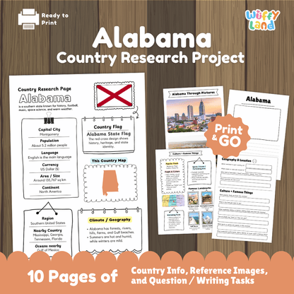 Alabama Country Research Project Worksheets and Activity Pages