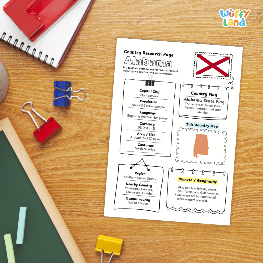 Alabama Country Research Project Worksheets and Activity Pages