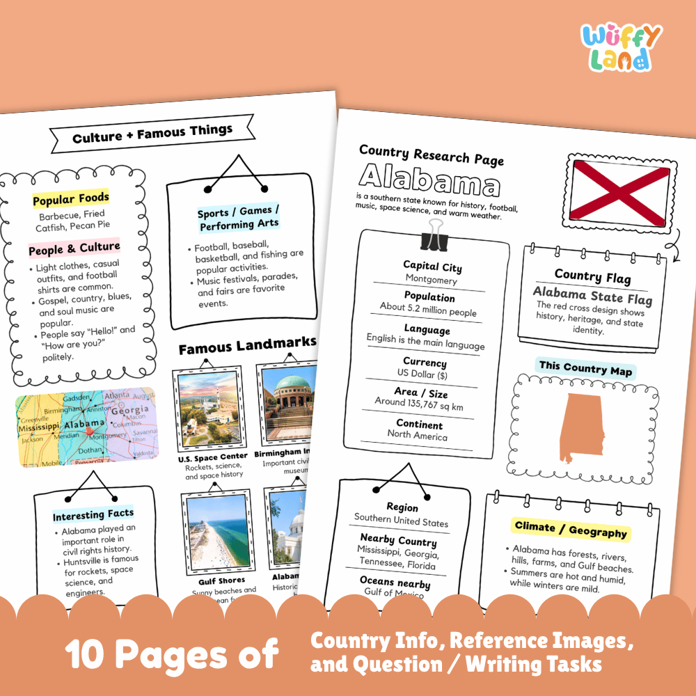 Alabama Country Research Project Worksheets and Activity Pages